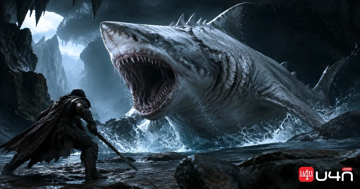 The Shark Pit shoreline and Great White One boss encounter in Path of Exile 2