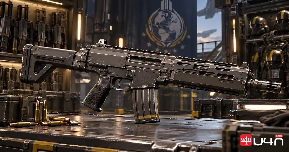 Classic Liberator-style assault rifle displayed in a futuristic military armory