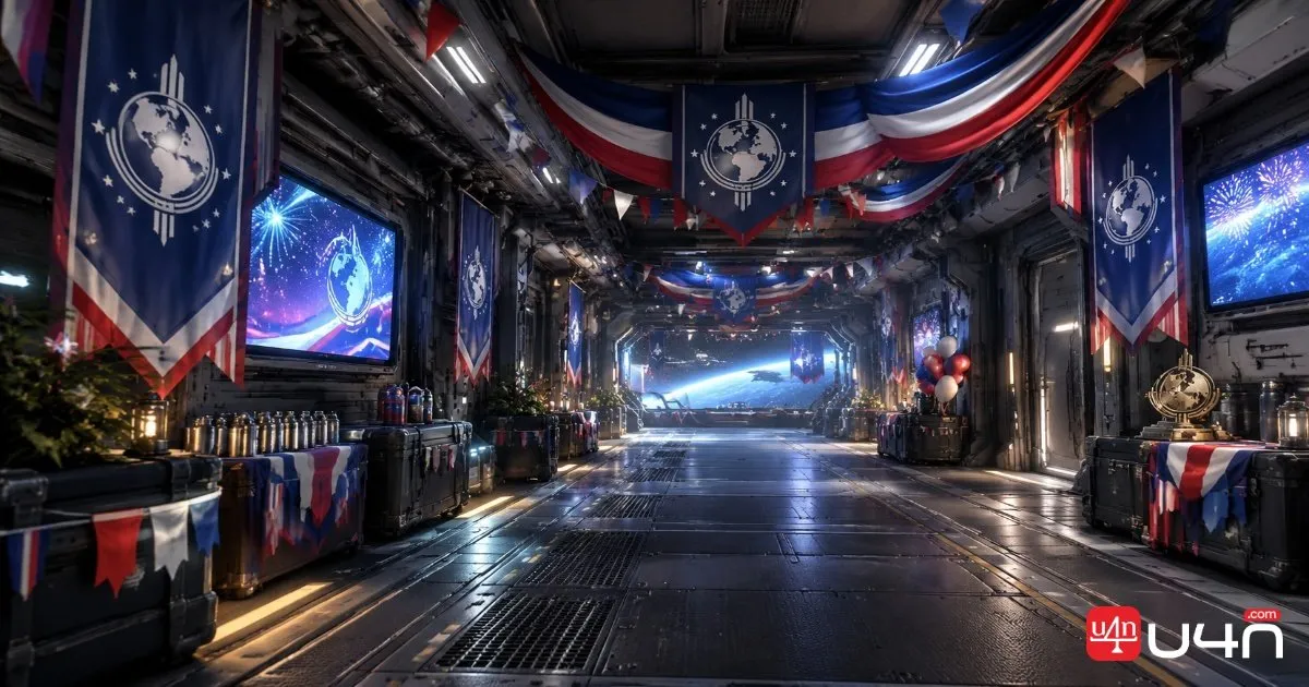 Super Destroyer interior decorated with Liberty Day flags, banners, and festive props