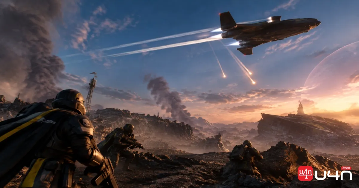 A futuristic Eagle aircraft performing a flyby over a Helldivers 2 battlefield