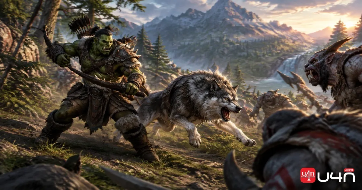 Orc Hunter fighting alongside a wolf pet in a fantasy MMORPG setting