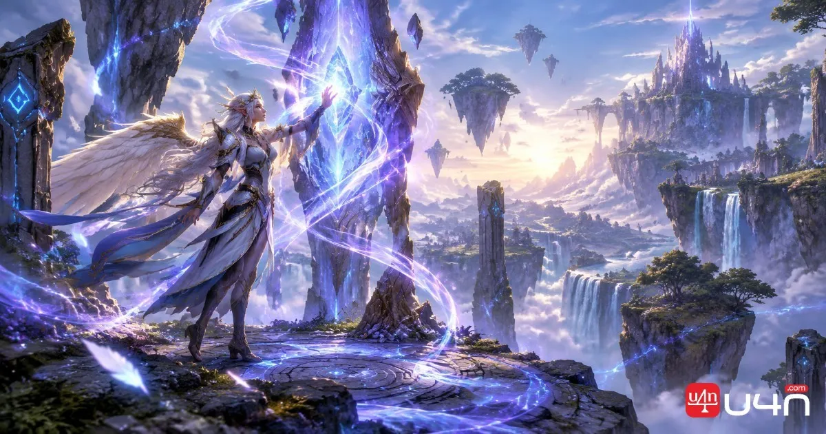Skyborne fantasy character channeling magic near an ancient Ley Line