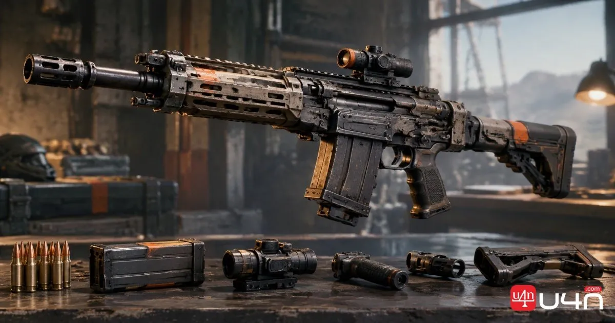 Close-up of a Bettina-style rifle with semi-auto amplification and tactical attachments