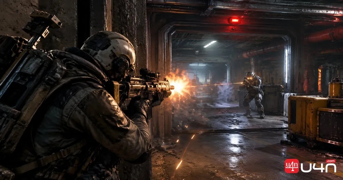 A Raider holding a heavy rifle during a close-range firefight inside a futuristic industrial complex