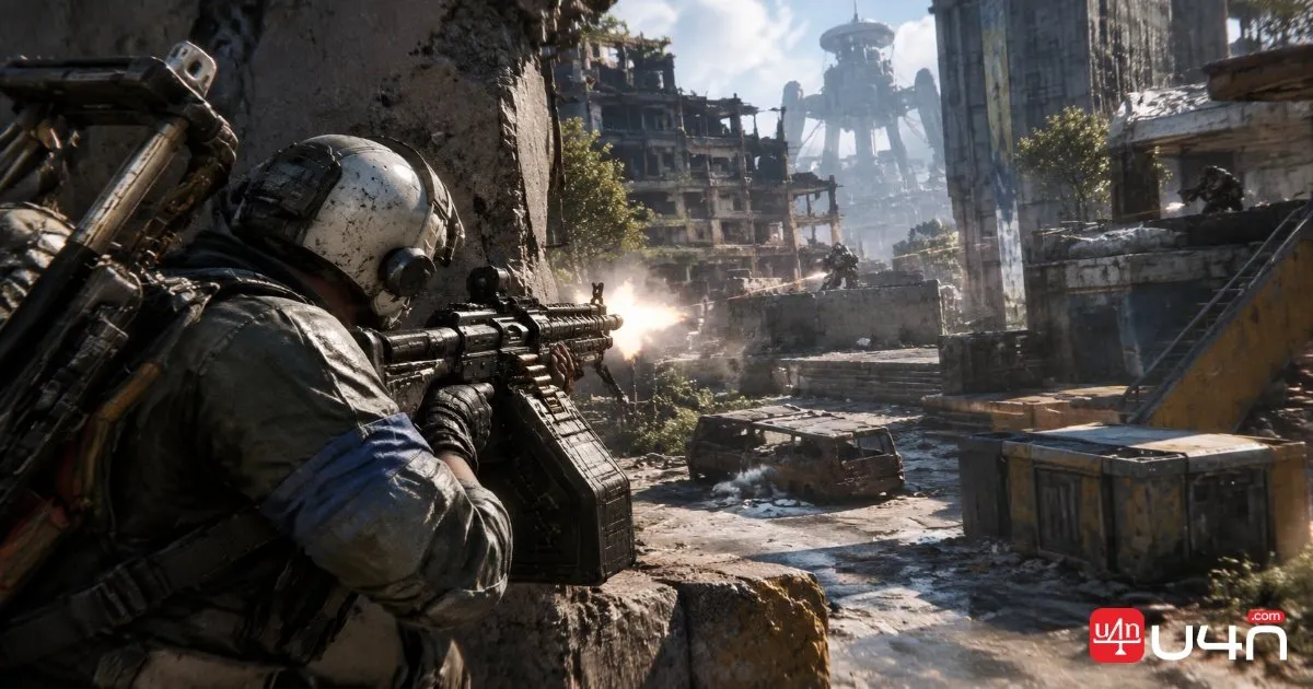 A Raider with a heavy rifle and extended magazine navigating a ruined futuristic city during a firefight