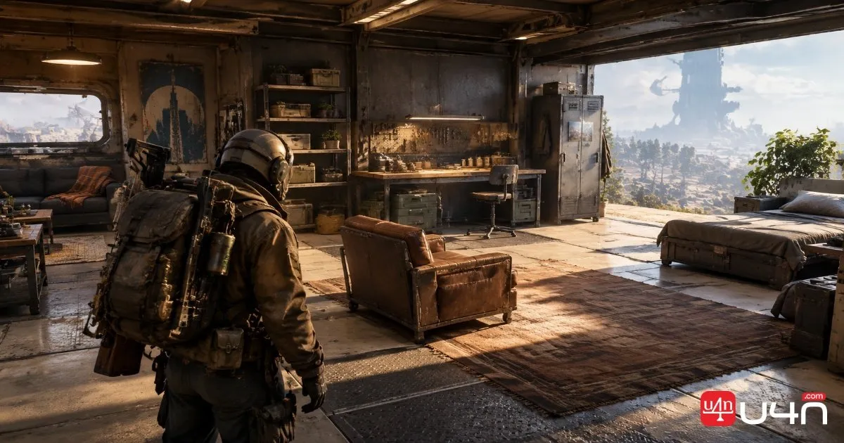 A Raider inspects furniture and customization options inside the ARC Raiders Outpost.