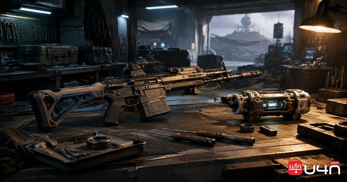 A futuristic weapon rests on a maintenance workbench inside an ARC Raiders Outpost.