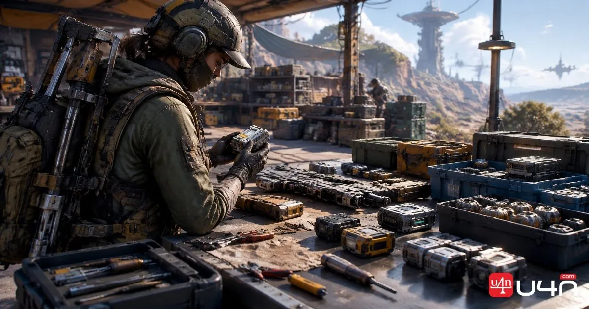 A Raider checks weapon modules, mechanical components, and supplies before an upgrade.