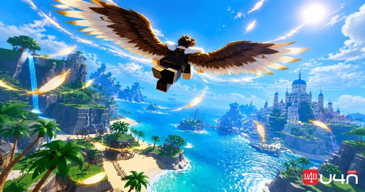 A Blox Fruits character using Eagle Fruit to fly above a tropical island