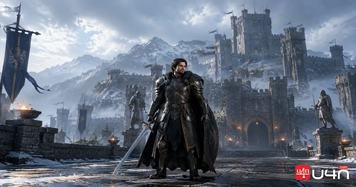 A medieval fantasy warrior standing in a castle courtyard, representing character progression in Game of Thrones: Kingsroad