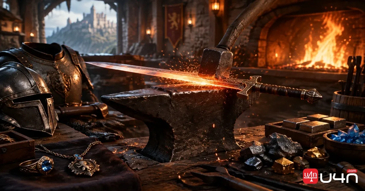 A medieval fantasy blacksmith reforging a sword beside armor, rings, necklaces, and glowing upgrade materials