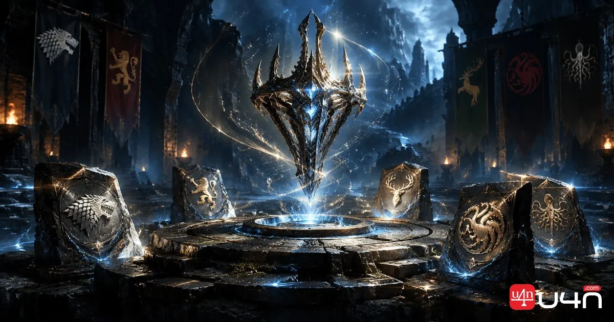 A glowing magical artifact surrounded by ancient stone sigil boards in a dark fantasy RPG setting