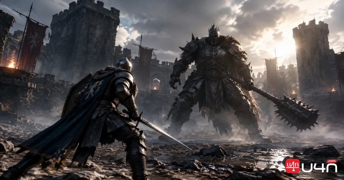 A fully armored fantasy knight facing a powerful boss in a ruined castle arena