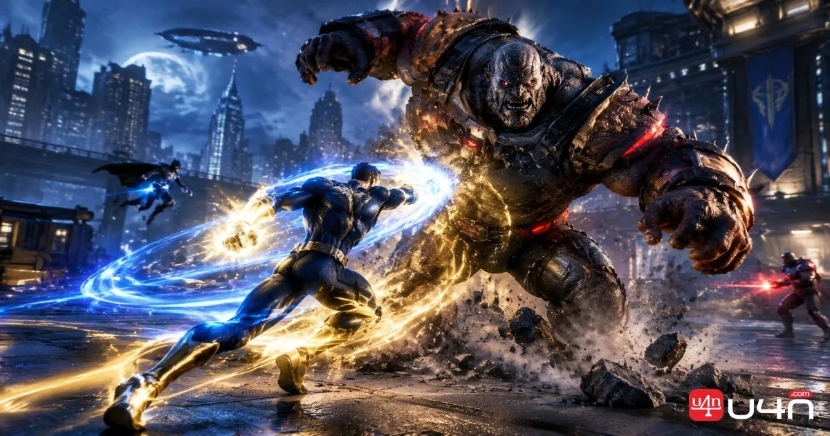 Two DC Universe Online heroes moving through an urban duo instance