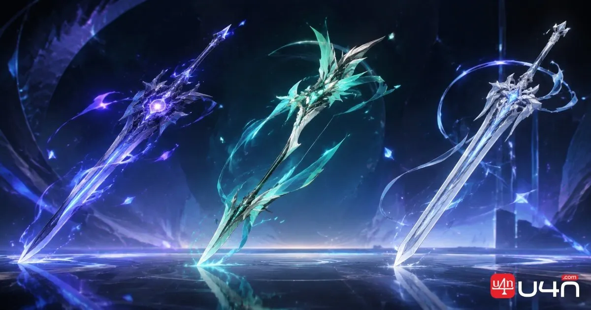 Three ornate fantasy weapons with blue, green, and purple energy effects