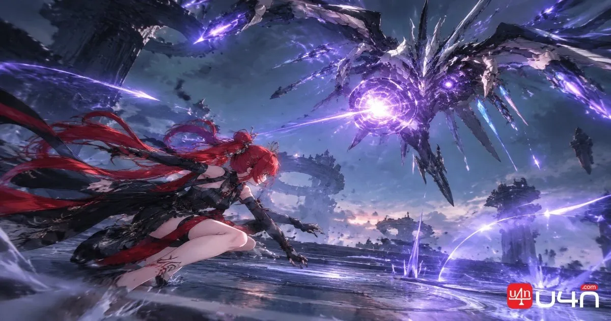 A female action RPG fighter dodging an airborne mechanical boss in a ruined arena