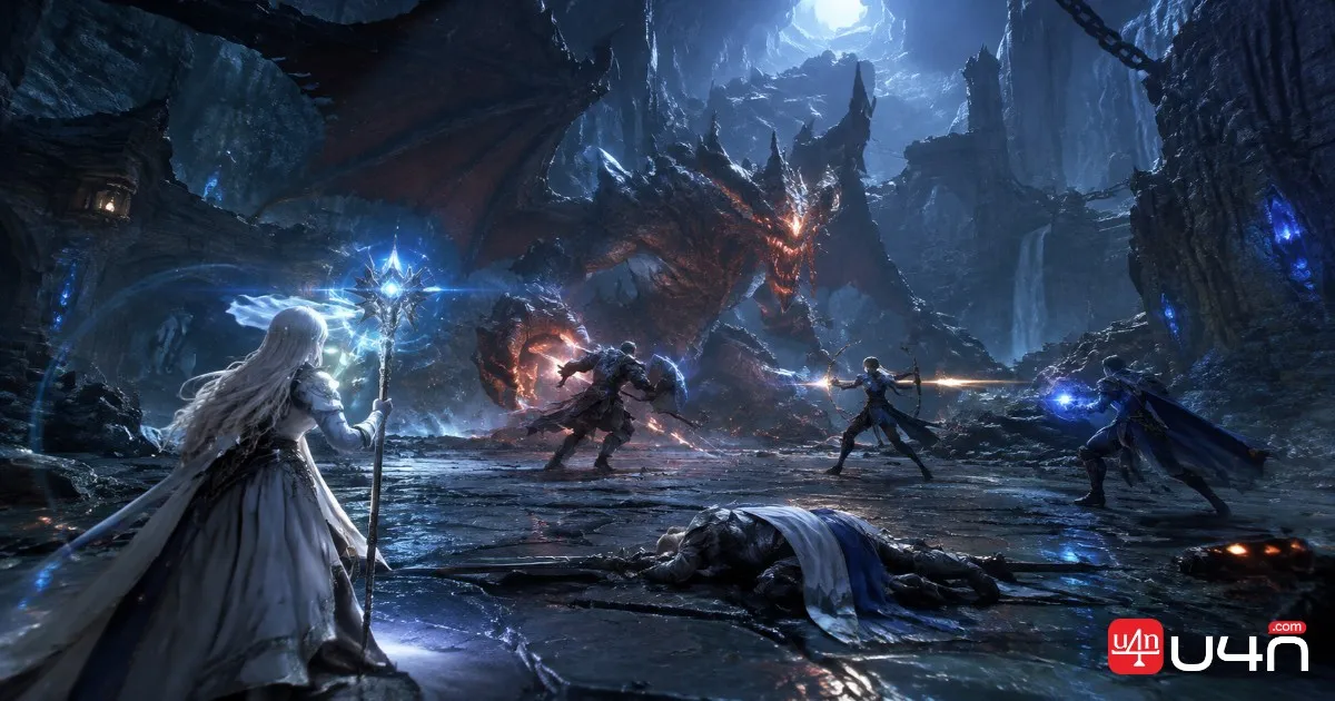 Aion 2 party fighting a powerful dungeon boss, illustrating the value of Resurrection Spiritstones during difficult encounters