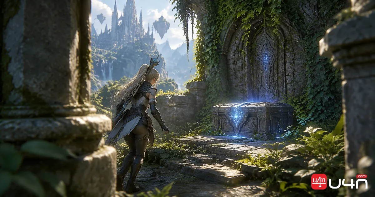 Aion 2 adventurer exploring ancient ruins and searching a hidden treasure cube in the open world