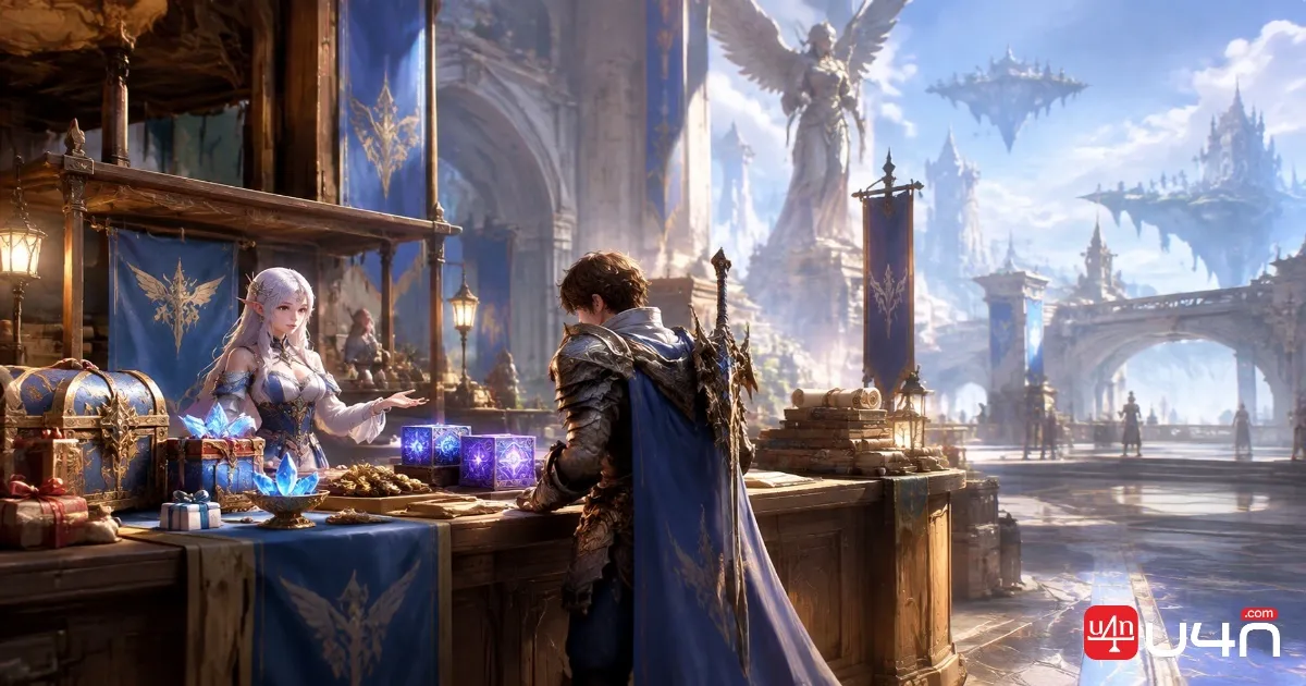 Aion 2 adventurer checking seasonal rewards at a fantasy merchant stall in a detailed game environment