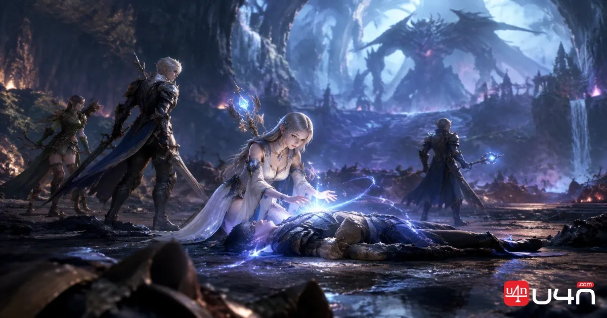 Aion 2 healer casting a resurrection spell on a fallen party member after a difficult dungeon battle