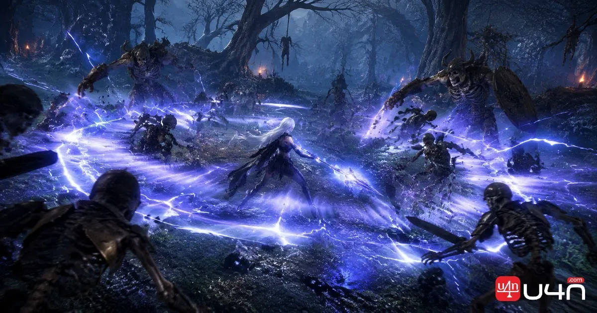 A character fighting undead monsters in a dark fantasy dungeon