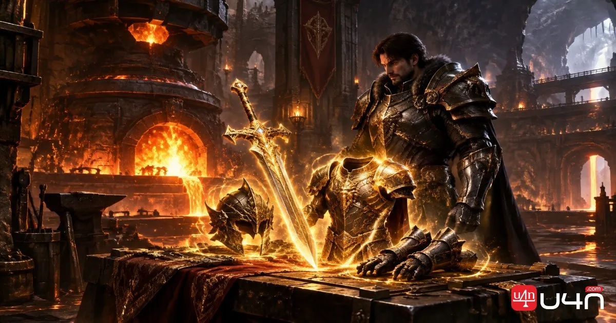 Dark fantasy MMORPG equipment progression with legendary armor and weapons in an ancient forge