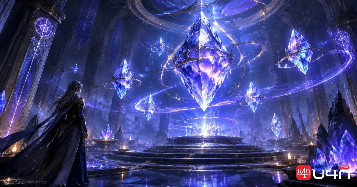 Magical crystals surrounded by blue and violet energy in a dark fantasy MMORPG chamber