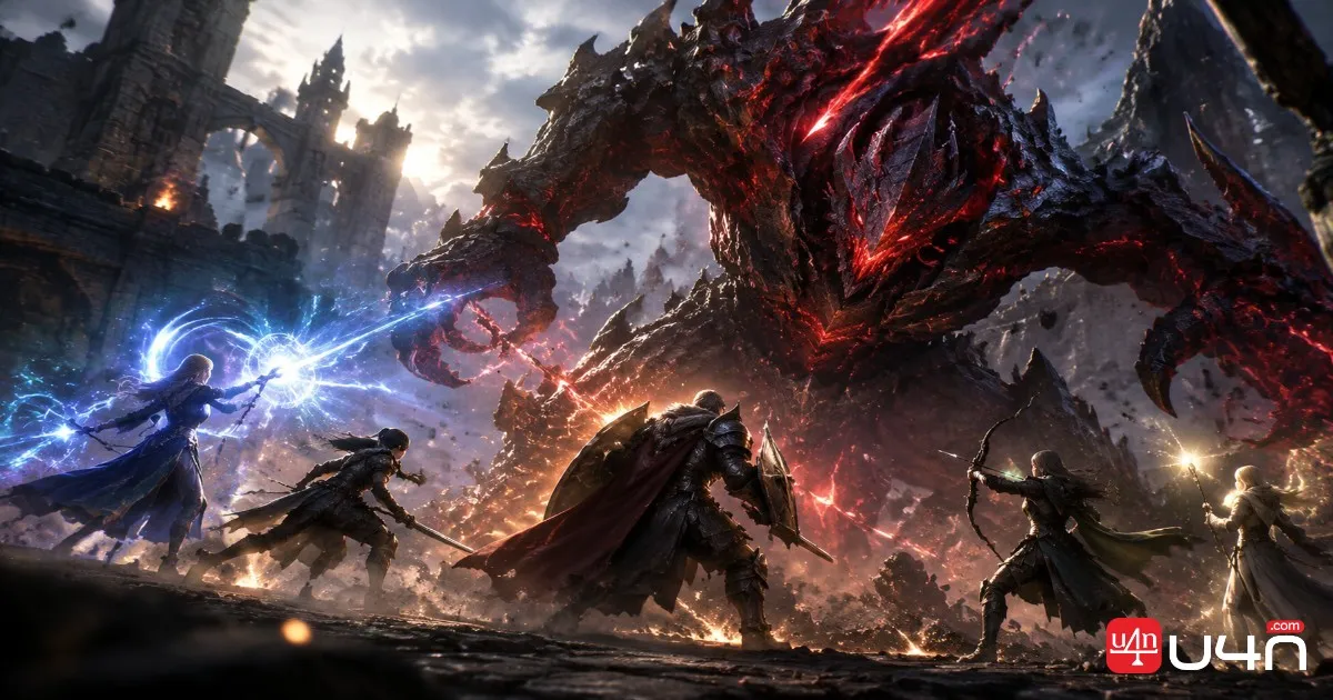 Five adventurers coordinating attacks against a massive shadow monster in a ruined fantasy fortress