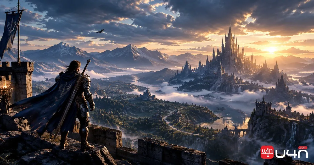 Armored adventurer overlooking a vast dark fantasy citadel at twilight
