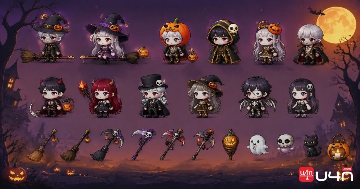 Halloween-themed MapleStory Classic World character cosmetics and seasonal decorations