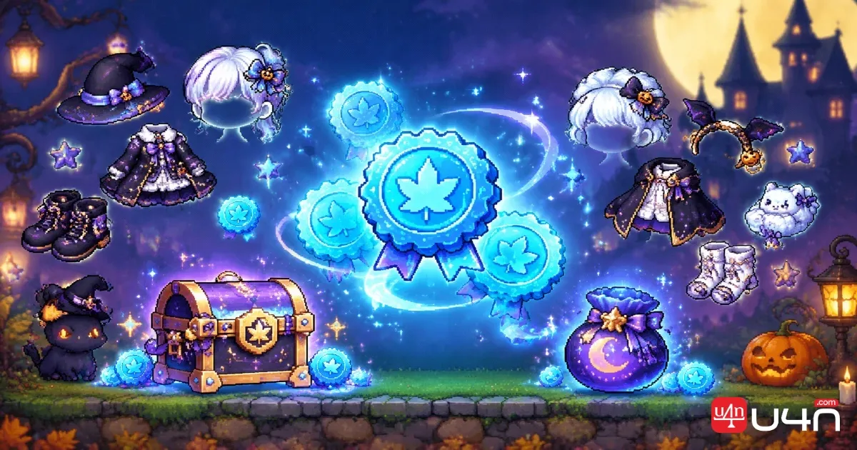 Glowing blue Aurora Stamp tokens beside fantasy cosmetic items in a pixel-art game style