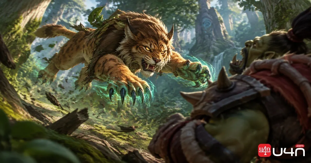 Feral Druid in Cat Form attacking an enemy in a forest combat encounter