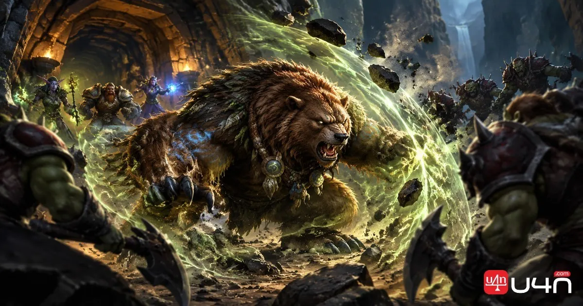 Feral Druid in Bear Form holding enemy attention during a fantasy dungeon encounter
