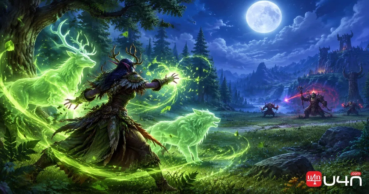 Balance Druid casting nature magic under moonlight in a fantasy forest
