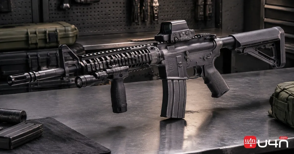 M4 assault rifle attachment setup showing muzzle, grip, stock, and laser