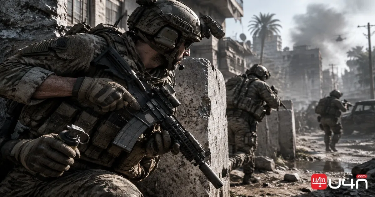 Modern military multiplayer scene showing an assault rifle and tactical equipment
