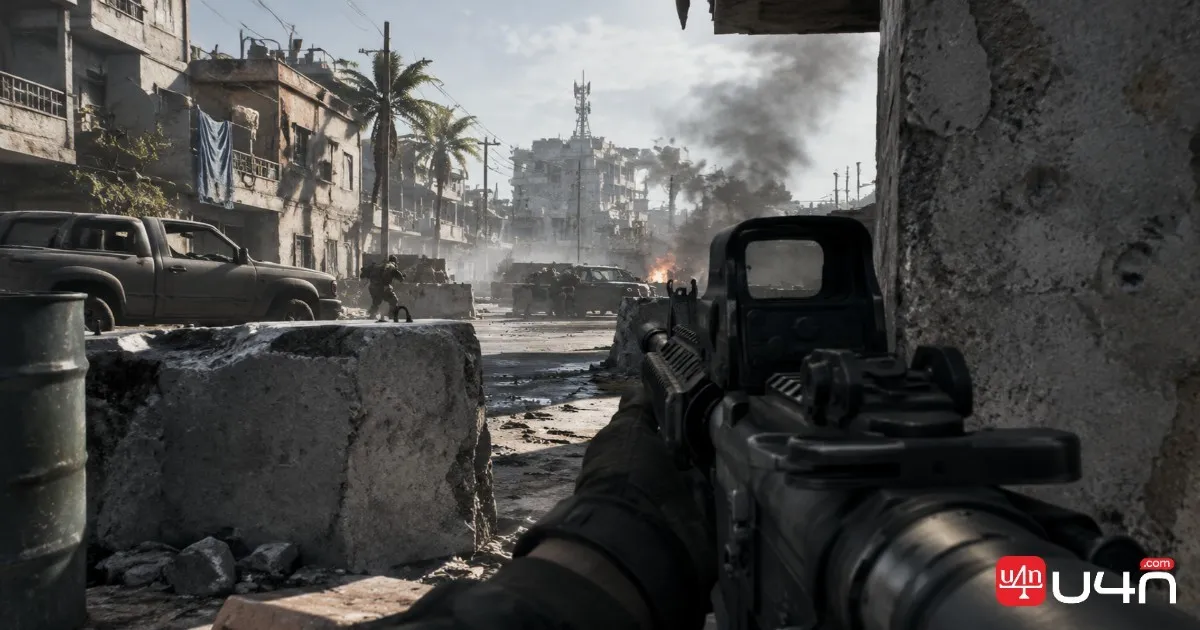 First-person shooter assault rifle aiming across a medium-range urban sightline