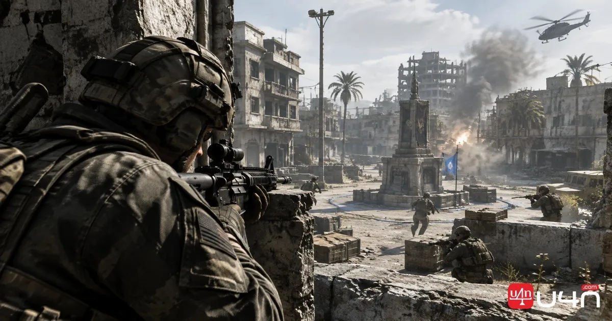 Multiplayer objective-based combat with an assault rifle near an urban control point
