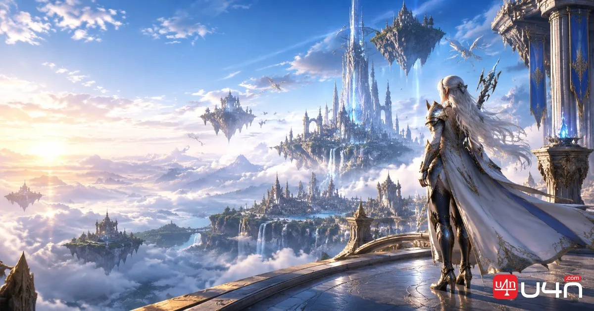 Aion 2 Season 2 preparation with an adventurer overlooking a fantasy city and floating islands