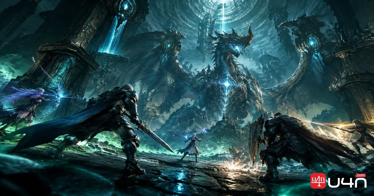 Aion 2 fantasy dungeon raid encounter with adventurers facing a powerful boss inside an ancient fortress