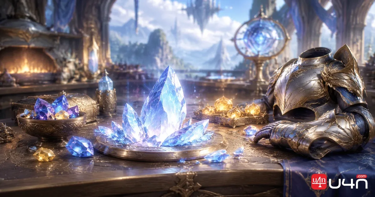Fantasy MMORPG crafting materials with glowing crystal fragments, enhancement stones, and equipment on a workbench