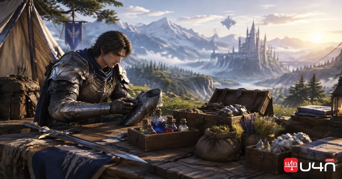 Aion 2 adventurer preparing armor, weapons, potions, and crafting materials at a camp before Season 2