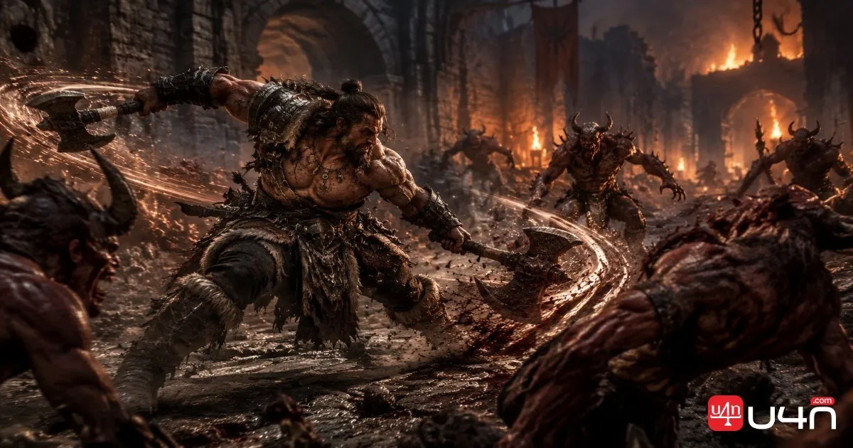 Diablo 4 Barbarian fighting demons with dual weapons in a fast-paced combat encounter
