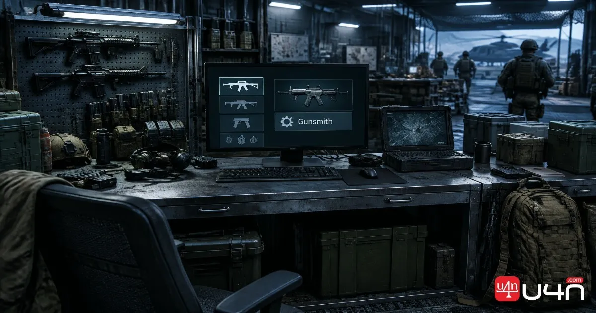 MW4 DMZ Forward Operating Base with a weapon workbench and Gunsmith interface