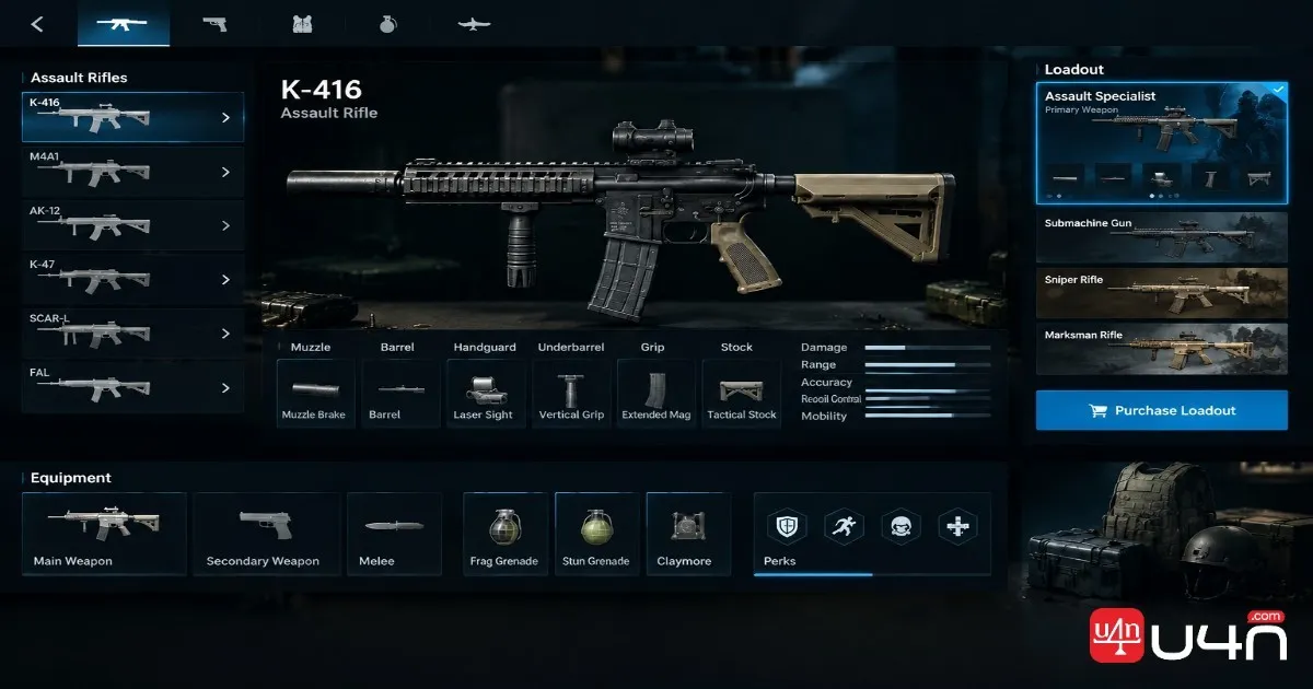 MW4 DMZ weapon selection and loadout menu showing a customized assault rifle