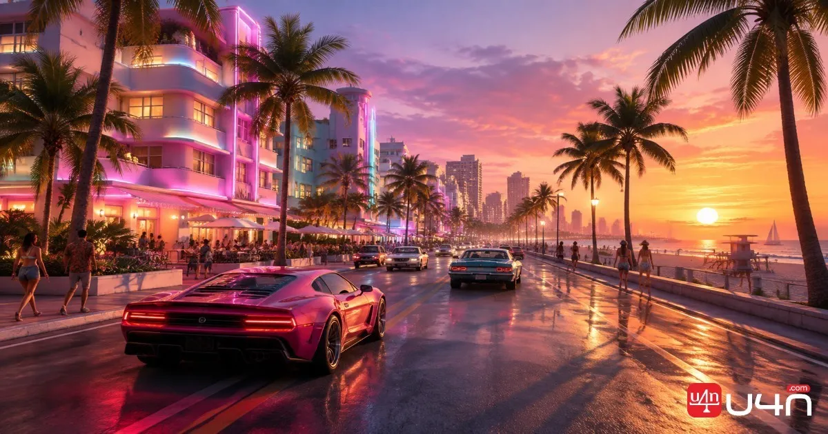 Ocean Drive-inspired beachfront street with Art Deco buildings, palm trees, and a classic coastal hotel
