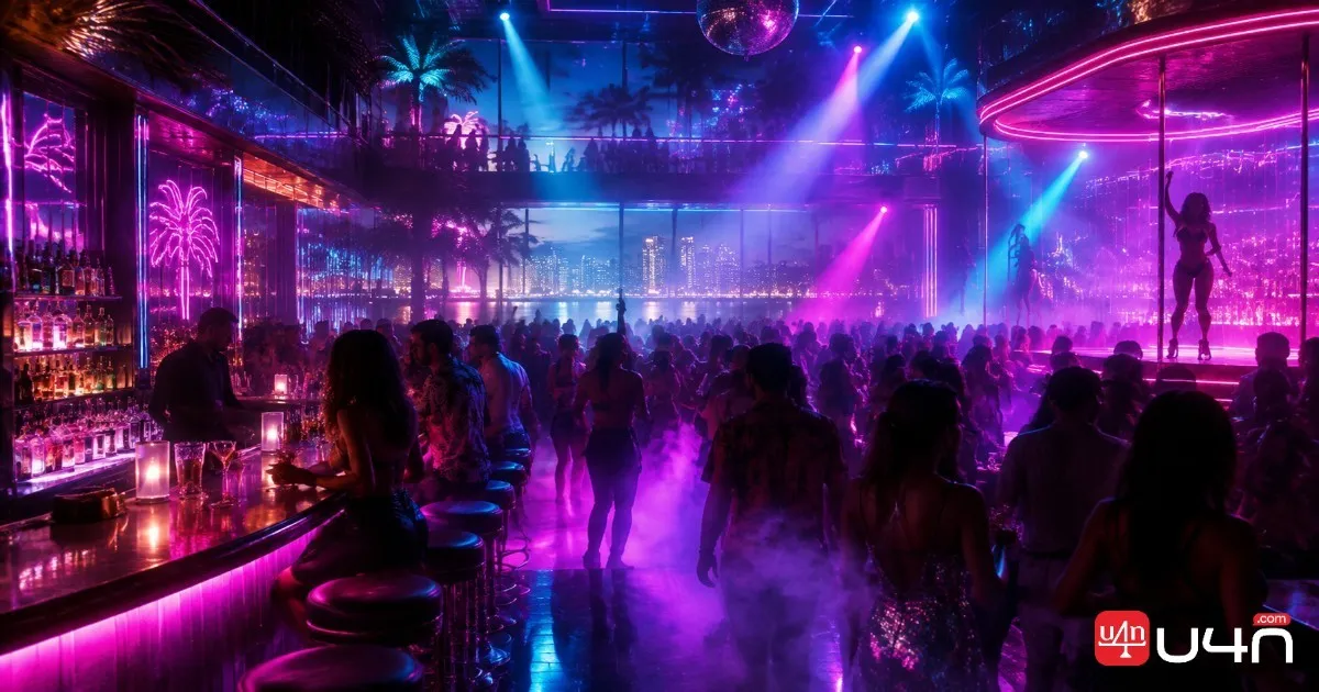 Retro-inspired nightclub interior with neon lighting, a dance floor, and a vibrant Vice City nightlife atmosphere