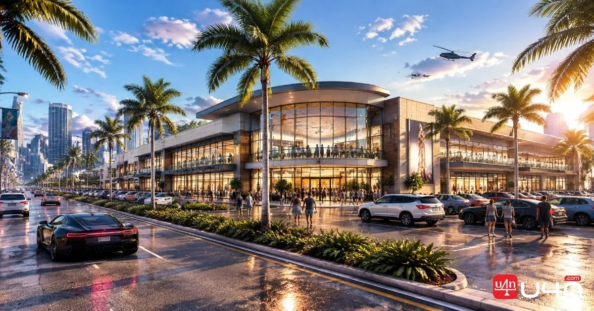 Tropical golf course concept with manicured greens, palm trees, and an upscale country club