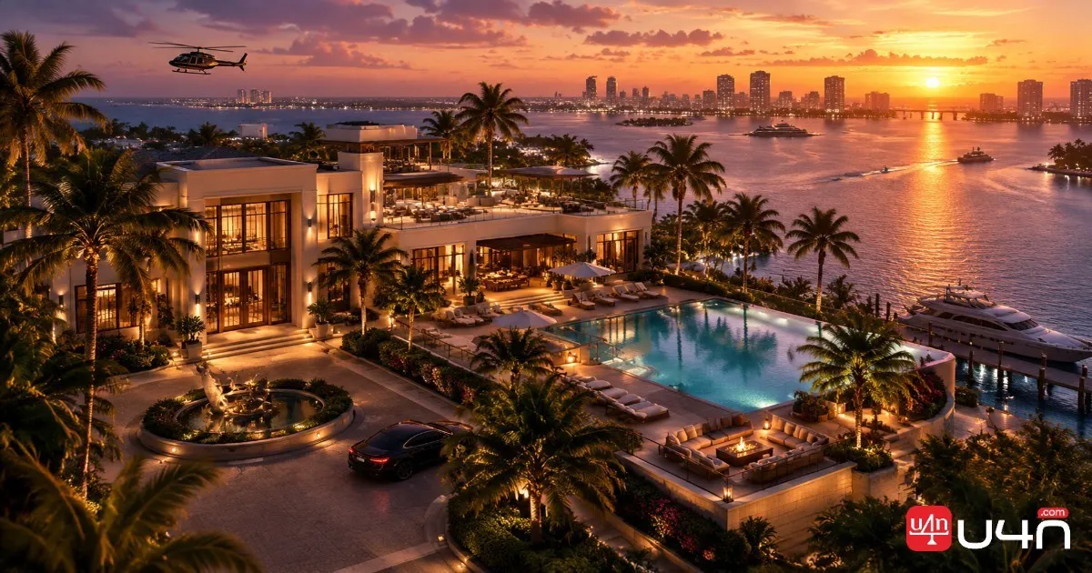Tropical island mansion concept with a swimming pool, palm trees, and a coastal estate overlooking the water
