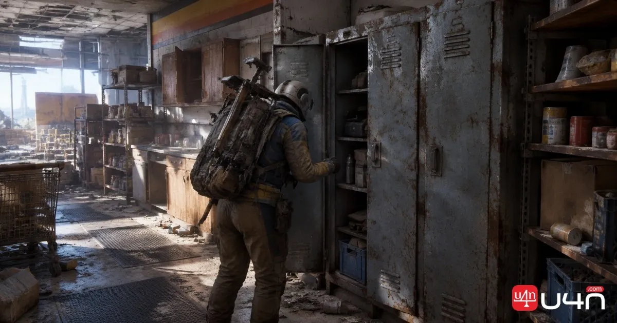 ARC Raiders player searching industrial lockers and storage containers in a supermarket